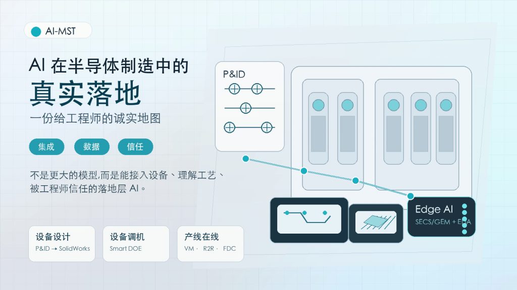 半导体设备端侧 AI 落地地图，展示 P&ID、设备数据流、Edge AI、集成、数据与信任三个落地难点