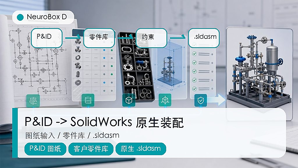 P&ID 图纸输入、客户零件库、工程约束生成 SolidWorks 原生装配体示意图