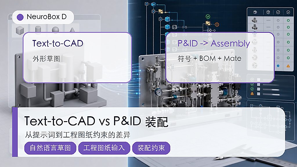 Text-to-CAD 外形草图与 P&ID 到 SolidWorks 装配约束对比示意图