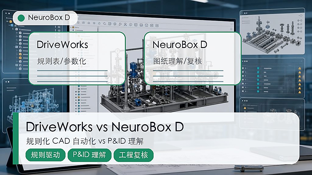 DriveWorks 规则化 CAD 自动化与 NeuroBox D P&ID 理解工程复核对比示意图