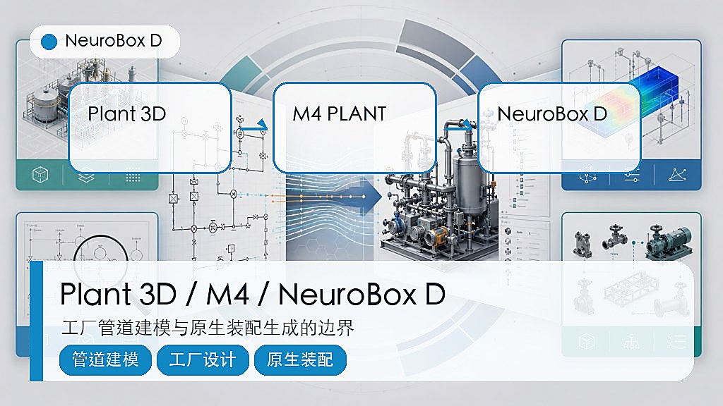 AutoCAD Plant 3D、M4 PLANT 与 NeuroBox D 在管道建模、工厂设计和原生装配生成上的差异示意图