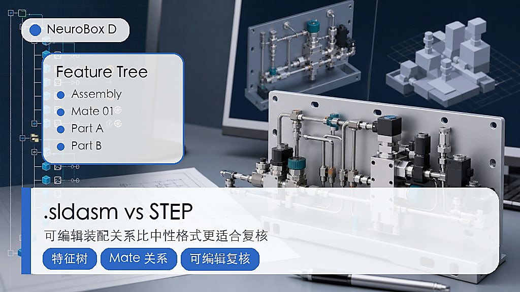SolidWorks 原生 sldasm 特征树、Mate 关系与 STEP 中性格式对比示意图