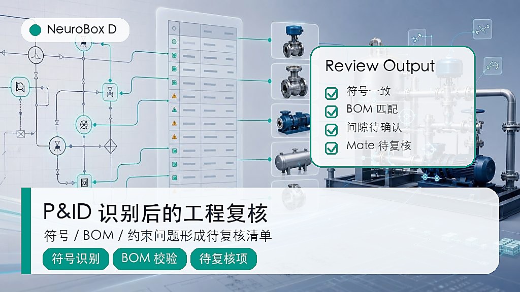 P&ID 符号识别、BOM 校验和待复核项输出示意图