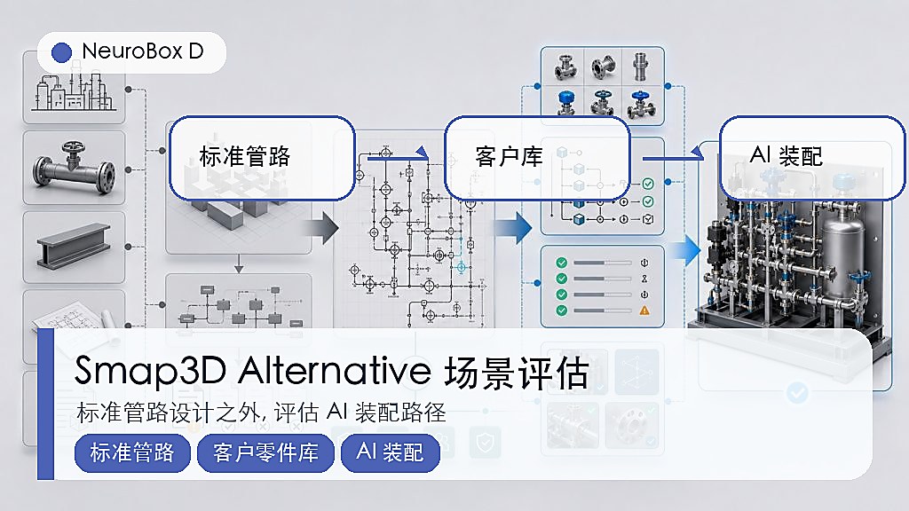 Smap3D Alternative、标准管路、客户零件库和 AI 装配路径评估示意图