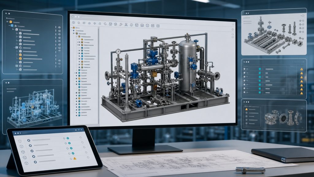 工程复核界面展示 SolidWorks 原生装配体、BOM、feature tree 和异常项