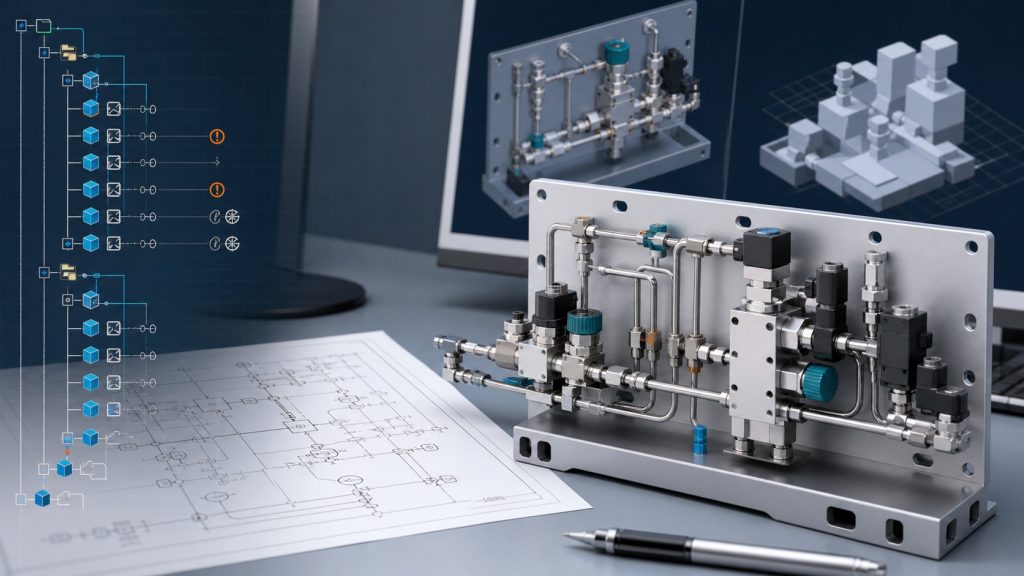 SolidWorks feature tree、P&ID 图纸和 STEP 中性几何文件的工程对比