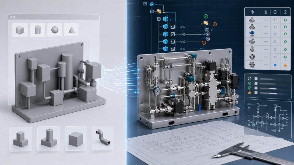 AI text-to-CAD 几何模型与带 BOM、mate 和复核结构的 SolidWorks 原生装配对比
